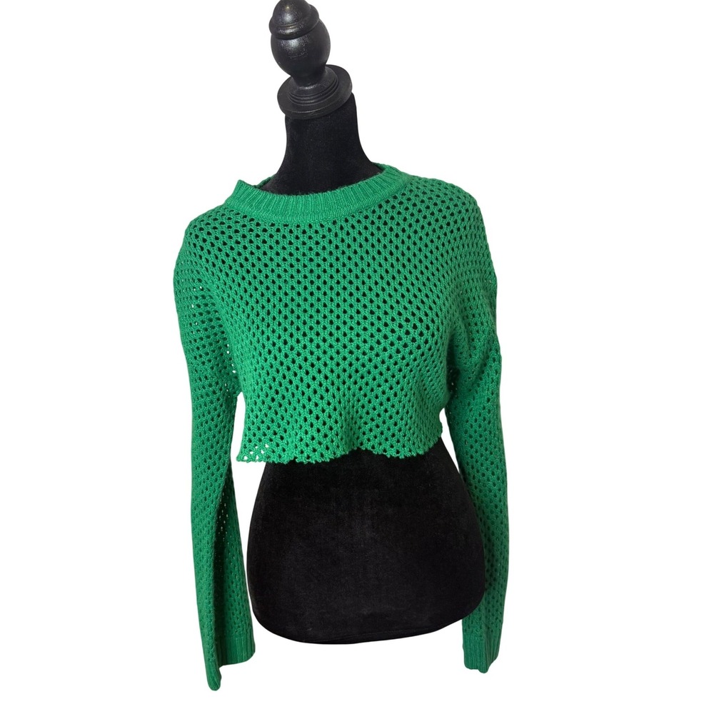 Green Open Knit Cropped Fishnet Sweater Size L See Through‎ Layering Festival